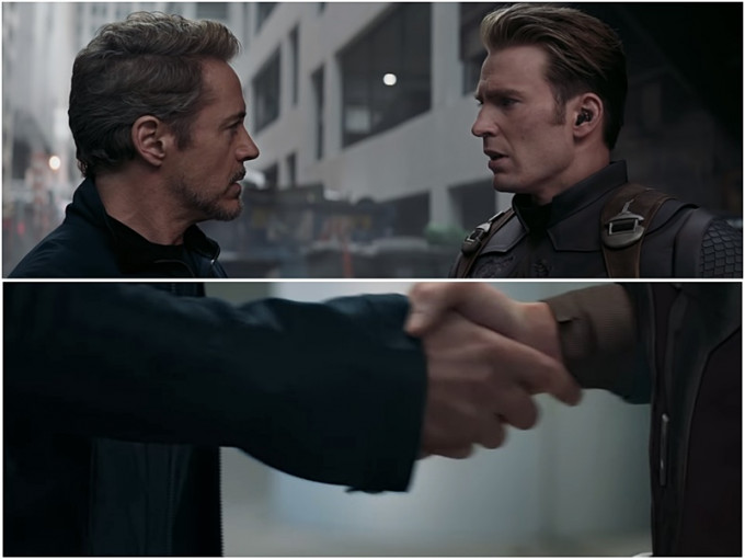 铁甲奇侠及美国队长的世纪握手。影片截图