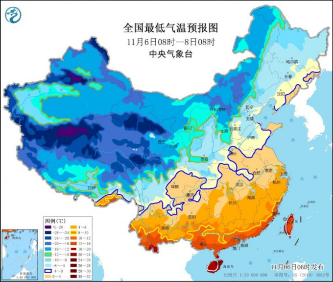 全国最低气温预报图。中央气象台