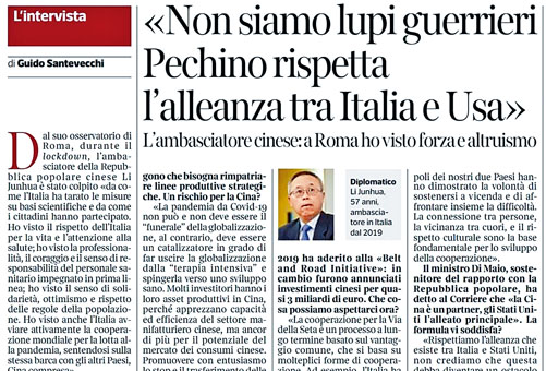 ■意大利媒體刊登對中國大使李軍華的訪問。