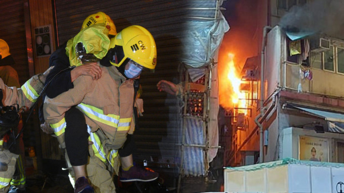 筲箕灣東泰大廈發生火警，一名老婦需戴上防煙頭套，由消防救離大廈。
