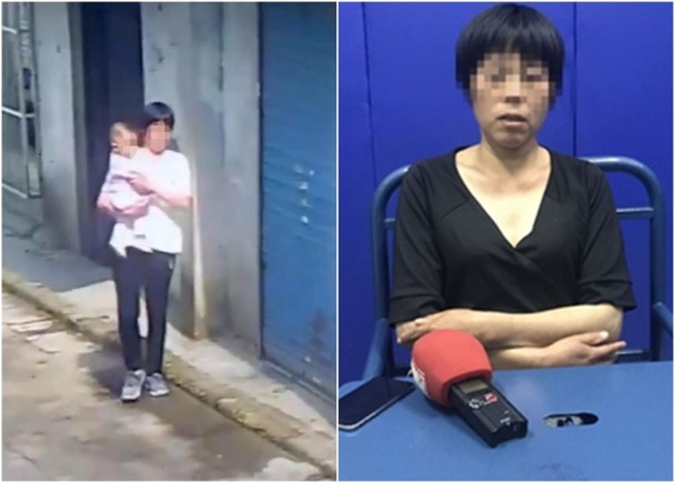 鄧婦抱走女嬰小佳怡(左)；被警方控以涉拐帶兒童被扣查。 網圖