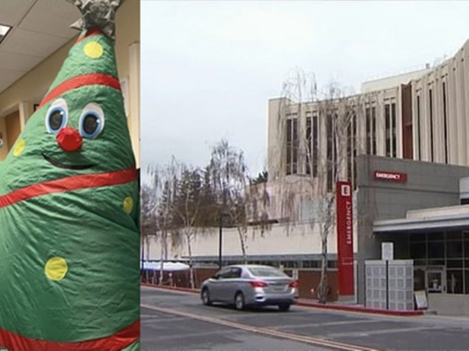 一名員工身穿充氣聖誕樹到急症室為同事打氣（左）令美國加州一間醫院爆疫（右）。網圖