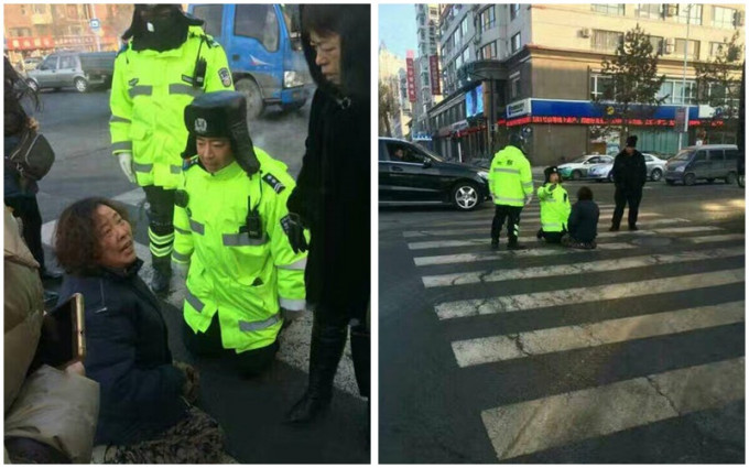 老婦與交通警在馬路中央互跪。圖:微博