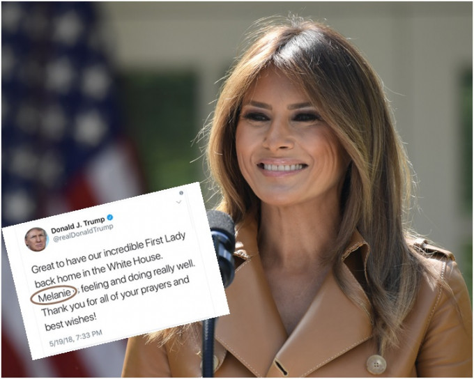 特朗普的推文将妻子的名字拼错变成Melanie。