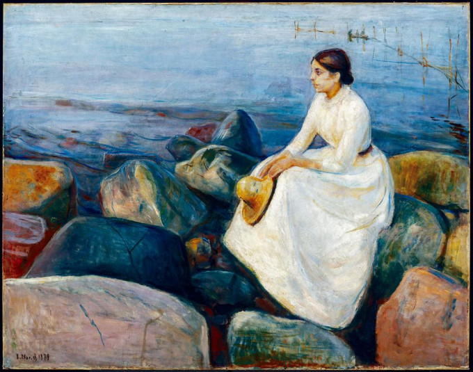 蒙克画作《夏夜》，蓝色湖水与女子寥落的心境互相映照。