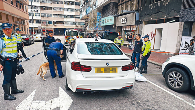 警方拘捕疑犯，並在緝毒犬協助下搜查私家車。
