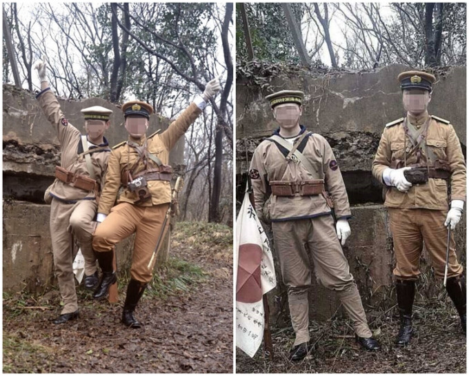 2名男子近日身穿二戰日本軍服在南京抗戰遺址擺姿勢合影。網圖