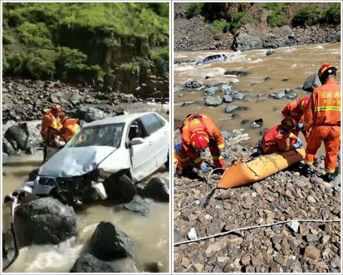 私家车翻下山崖堕河造成3人死亡。网图