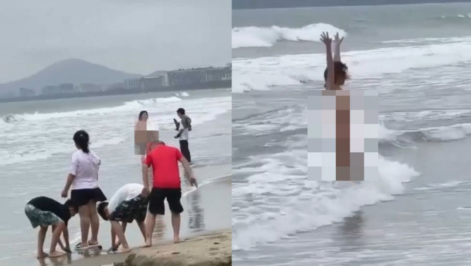 三亚海滩惊现裸女狂摆POSE让男伴拍照，懒理现场有小孩。