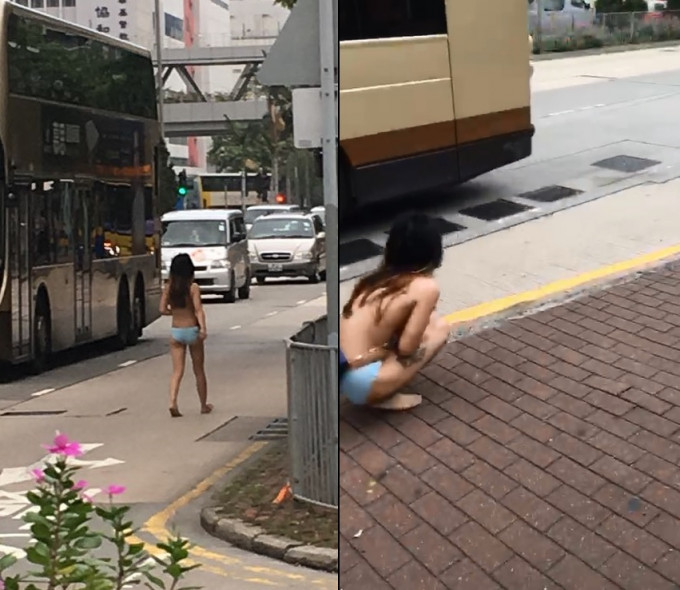少女赤裸上身在街上大哭大叫，其後坐在巴士站旁。讀者提供