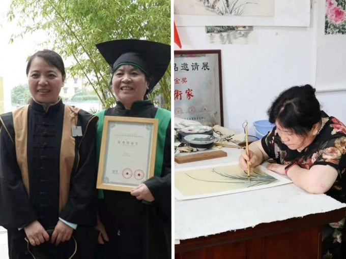上海一名老妇人徐安玲，今年6月以70岁之龄，从中国美术学院中国画专业顺利毕业。新华网图片