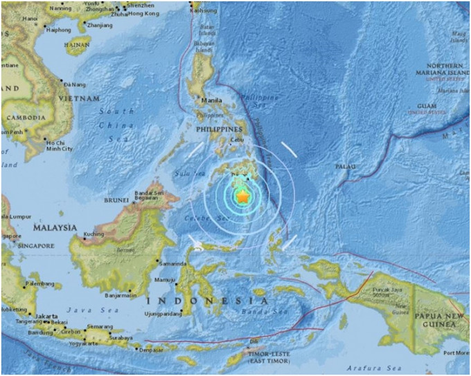 震央位於棉蘭老島南面薩蘭加尼省西南57公里外。網圖