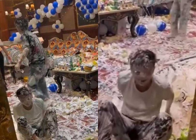 重慶一批青年日前在生日派對中上演「蛋糕大戰」，被網民炮轟浪費食物。網圖