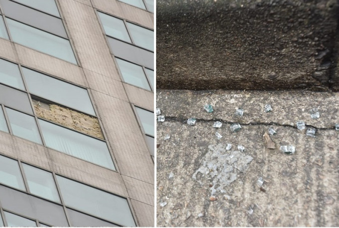 有商厦玻璃幕墙爆裂，留下玻璃碎片。