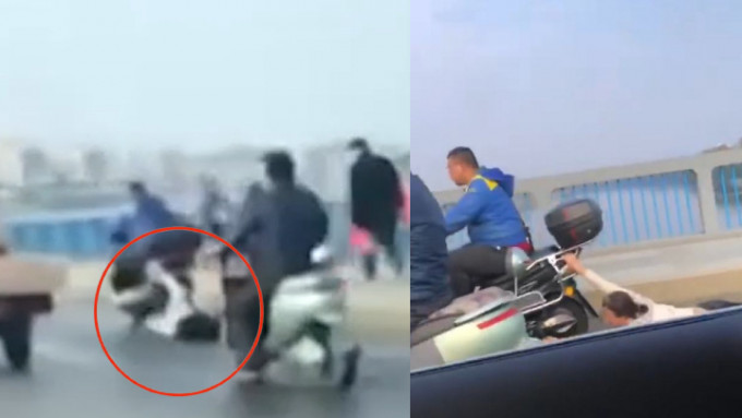 桂林一名乘电动车的男子明知身后的女子被拖行仍继续行驶。（片段截图）