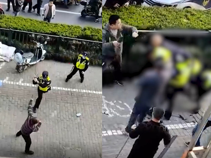 一名男子在上海浦东街头挥舞剪刀伤人，终被警员和途力合力制服。（片段截图）