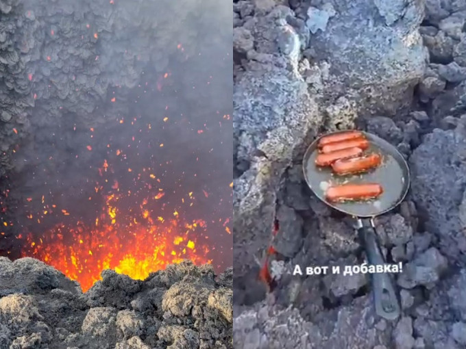 俄罗斯有行山者于火山上，透过熔岩的热高温煮香肠。（网图）