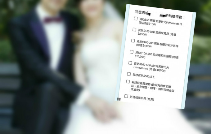 新人列結婚禮物清單邀「明碼實價」資助惹議。