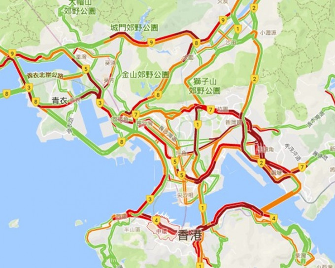 主要幹道塞到爆，紅隧東廊觀塘繞道吐露港無一幸免。Google圖片