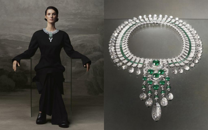 New Maharajah项链，以铂金及白金镶嵌九颗共重38.73卡的哥伦比亚袓母绿，铺镶钻石、天然水晶及祖母绿。吊坠部分可拆下另作胸针。