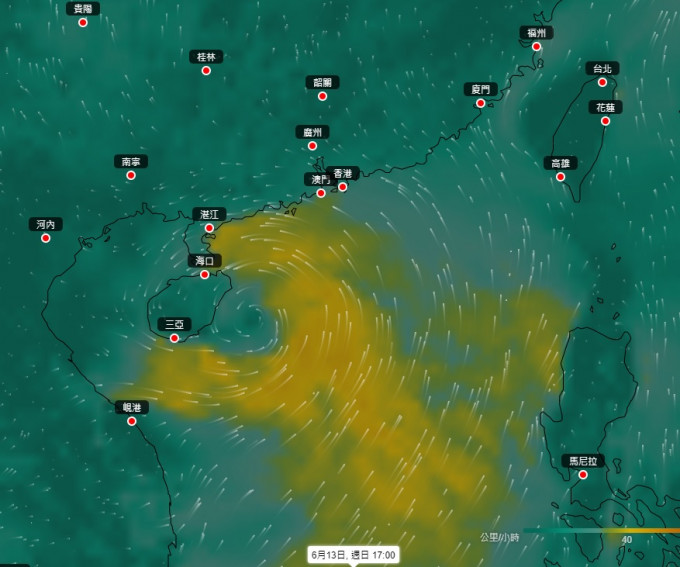 電腦預報顯示一個低壓區會靠近南海西北部及海南島。天文台「地球天氣」網站