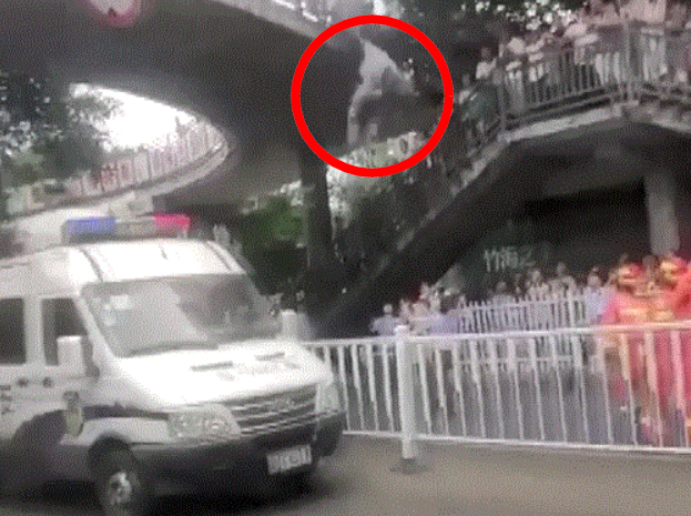男子（紅圈）突從行人天橋上跳下。（網圖）