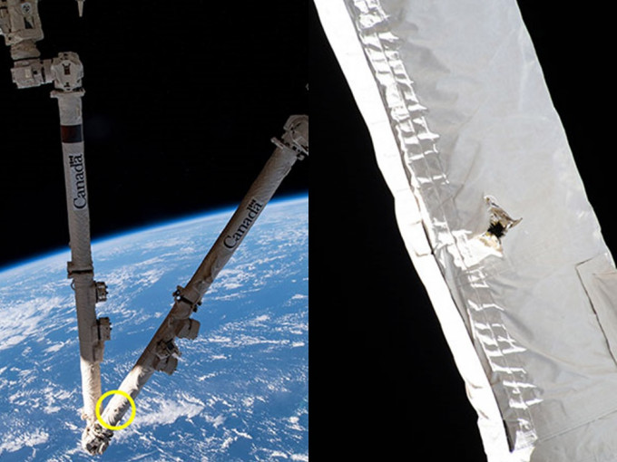 加拿大太空總署指，小洞對機械臂的性能暫時未有影響。加拿大太空總署圖片