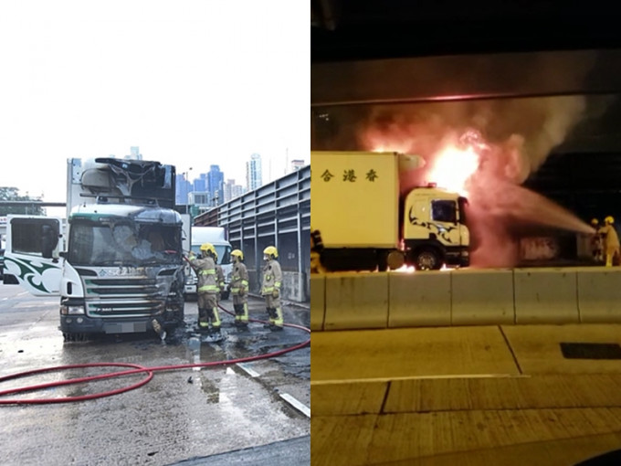 货车被烧毁。读者提供影片截图（右）