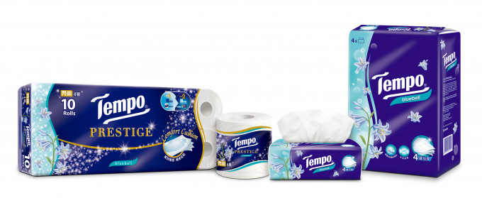 Tempo新推出蓝风铃系列的袋装面纸及闪钻四层卫生纸。