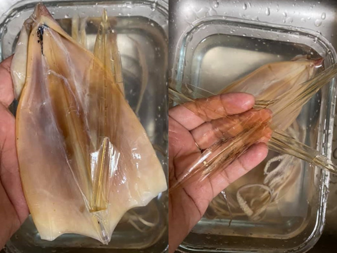 女網民誤將魷魚軟骨當成飲管，質疑檔主為了增加魷魚乾重量「呃秤」。FB圖片