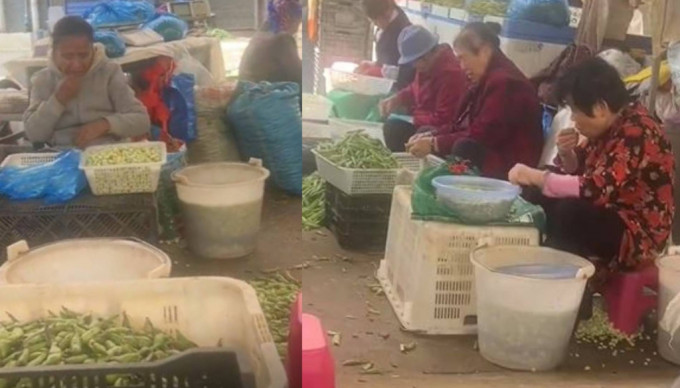 網上熱傳雲南一街市，有多名中年婦人用口剝蠶豆。