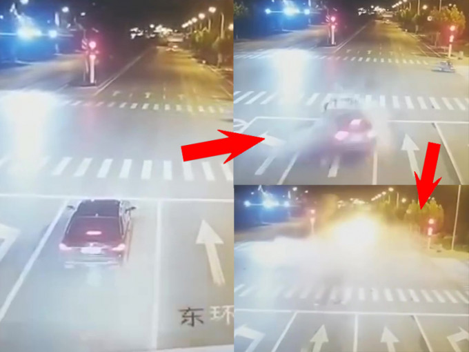 一輛正等待紅燈的BMW（左）被從後方駛來的瑪莎拉蒂追尾高速撞上（右上），BMW發生爆炸被焚燒（右下）。（網圖）