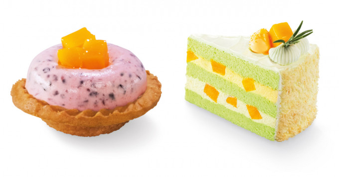 左：芒果紫米布丁撻（$20/個）、右：芒果斑蘭蛋糕切餅（$22/件）
