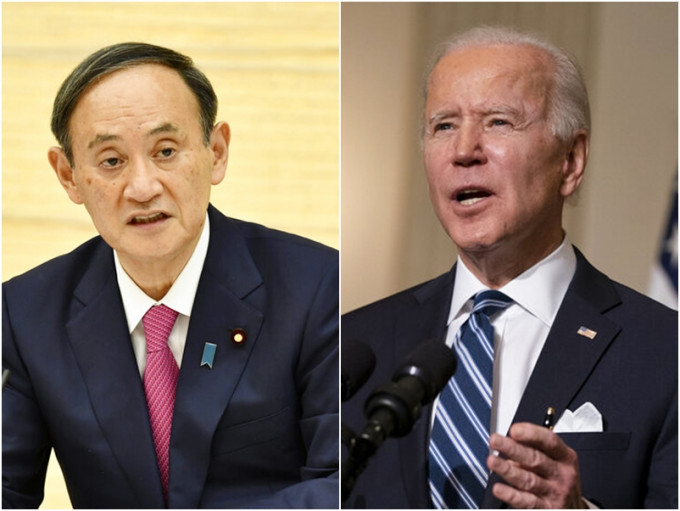 美國總統拜登（右）剛上任，首次與日本首相菅義偉（左）通電話。AP圖片