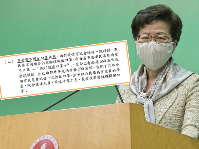 林鄭月娥透露將於下月向市民免費派發一次性的口罩。資料圖片