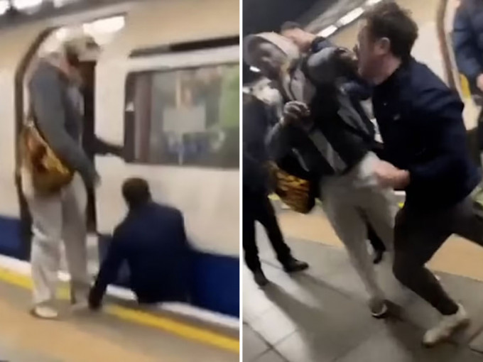 英醉汉大闹地铁站，不但打骂乘客，还跳下月台。影片截图