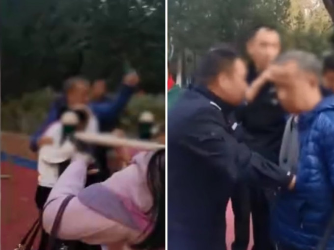 老翁手持钳子故意殴打广场内游玩的学生及家长。　影片截图