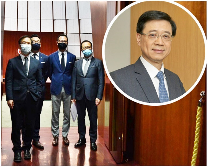 （左起）郭家麒、杨岳桥、郭荣铿及梁继昌的议员资格已被褫夺。小图为李家超。资料图片