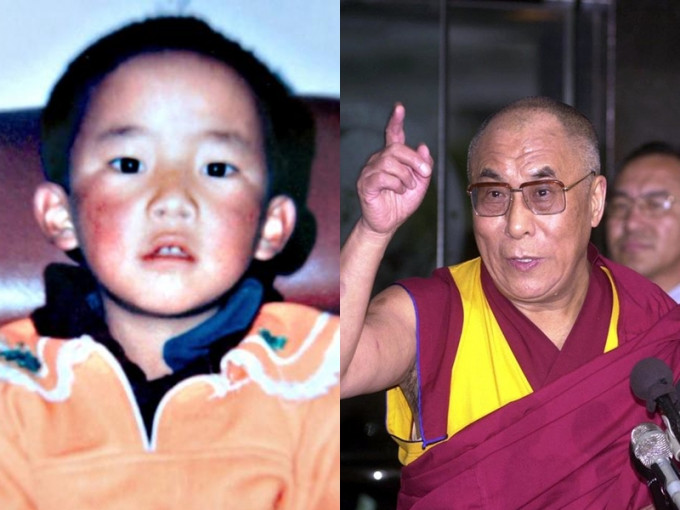 達賴喇嘛（圖右）在25年前認證的十世班禪喇嘛轉世靈童更登確吉尼瑪（圖左）。 網圖