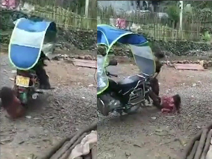 河池各微信群疯传一段短片，男子将小女孩双脚捆绑后在电单车上并拖行。（网图）