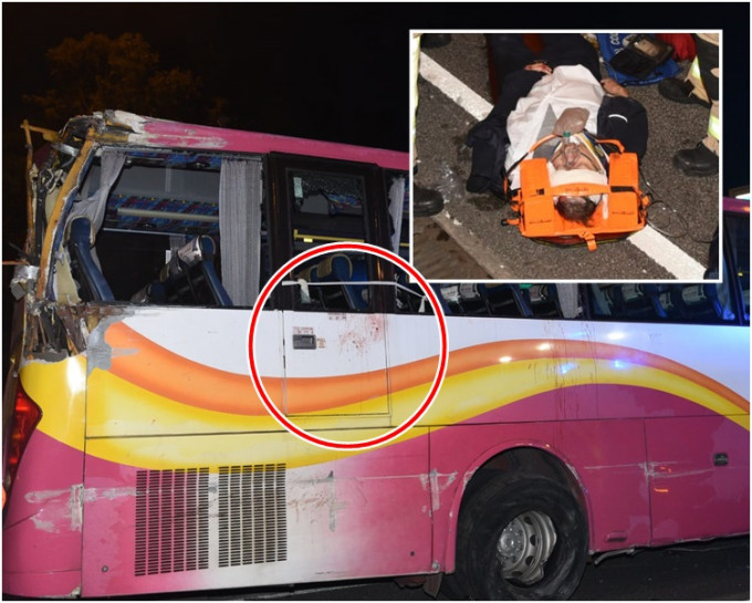 小圖為受傷車長。肇事旅巴車身有懷疑血漬（紅圈示）。