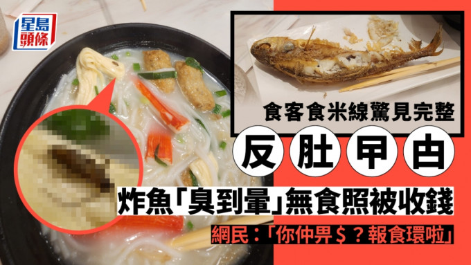 食客在米線內發現曱甴，而炸魚亦「臭到暈」。「飲食黑店大全 🥜 (全港食店質素關注組)」