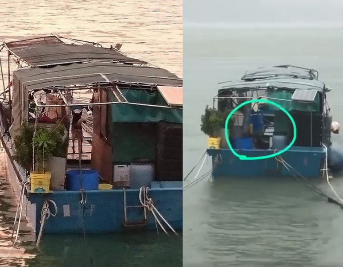 坪洲有狗狗被獨留船上，至今早仍未有船主帶走。右圖為今早圖片。「香港動物報」fb專頁