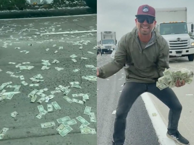 加州有解款車在公路上跌出現金，有司機疫狂執錢，至少兩人因此被捕。網圖