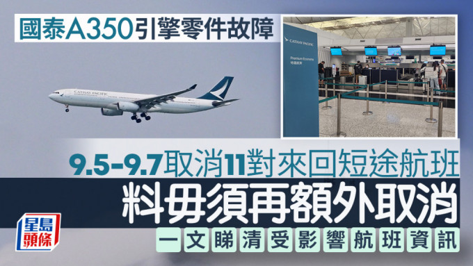 國泰A350航機零件故障  9.5-9.7額外取消11對來回短途航班（附航班資訊）