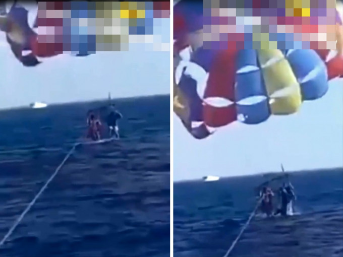 一名37岁男子在海面上玩跳伞时，被一只鲨鱼从水中跃出噬咬。短片截图