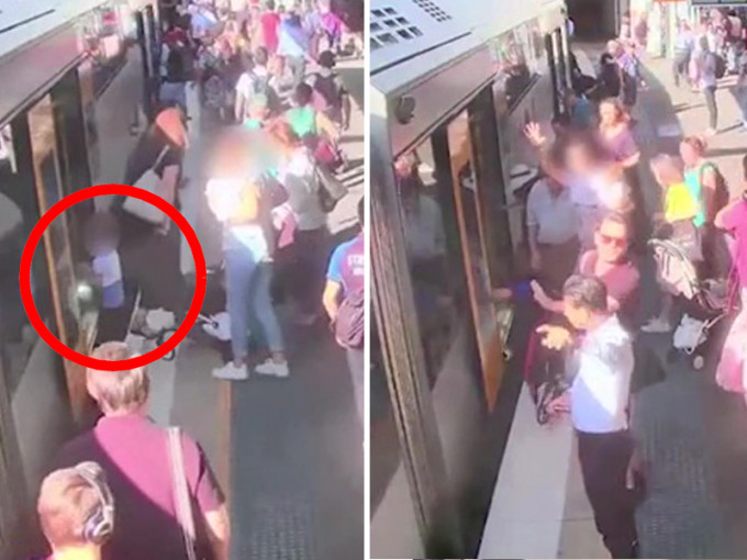 男童（紅圈）踏空跌入月台與車廂之間的空隙。目擊乘客與男童母親舉手示意。（網圖）