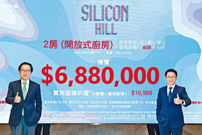 新地雷霆（左）表示，大埔Silicon Hill第1期首批提供116伙，涵蓋1至3房戶型，折實平均呎價約17498元。右為新地胡致遠。