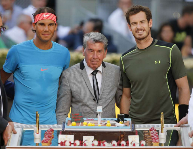 拿度(左起)、辛坦拿及梅利在2015年马德里网球赛事时合照。 AP