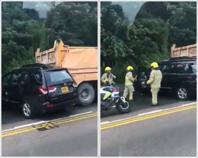 私家車失控撞向停在路邊的泥頭車。‎香港突發事故報料區 網民Taku Yaki